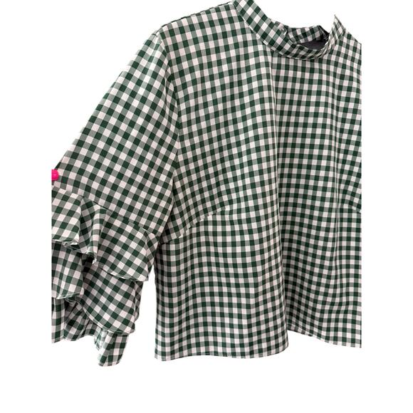 Anthropologie Sunday in Brooklyn 3/4 Sleeve Ruffled Checked Top Green Size Large - Picture 8 of 11
